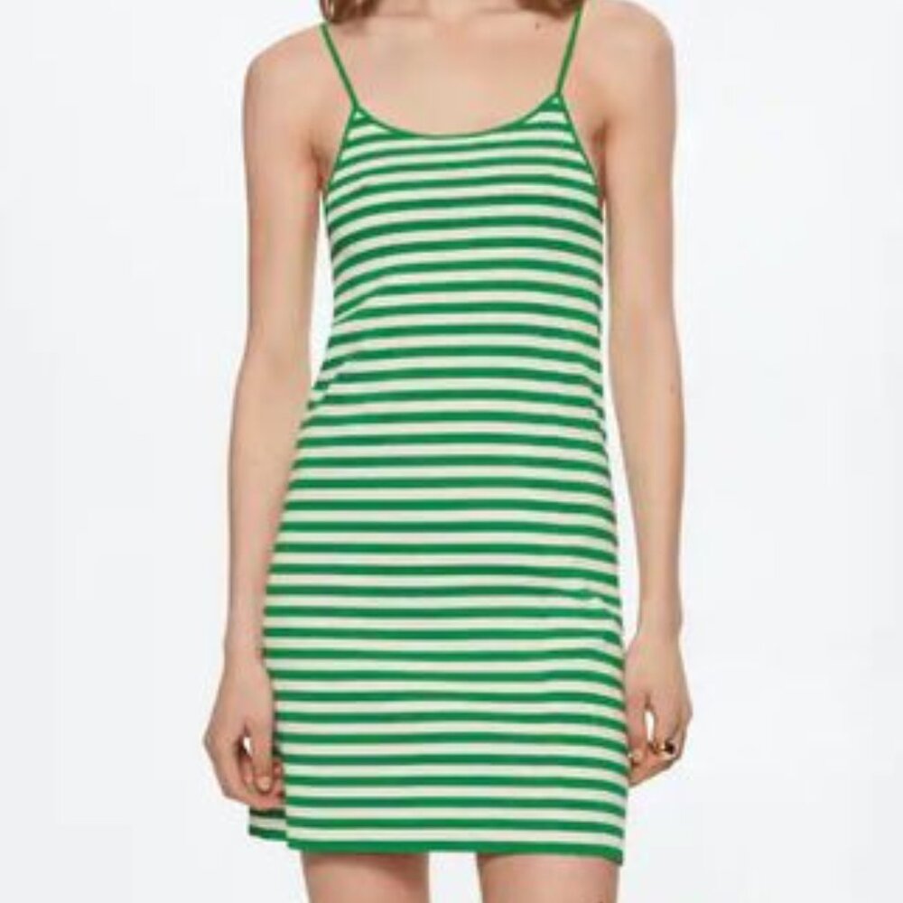Mango Green Striped Spaghetti Strap Dress